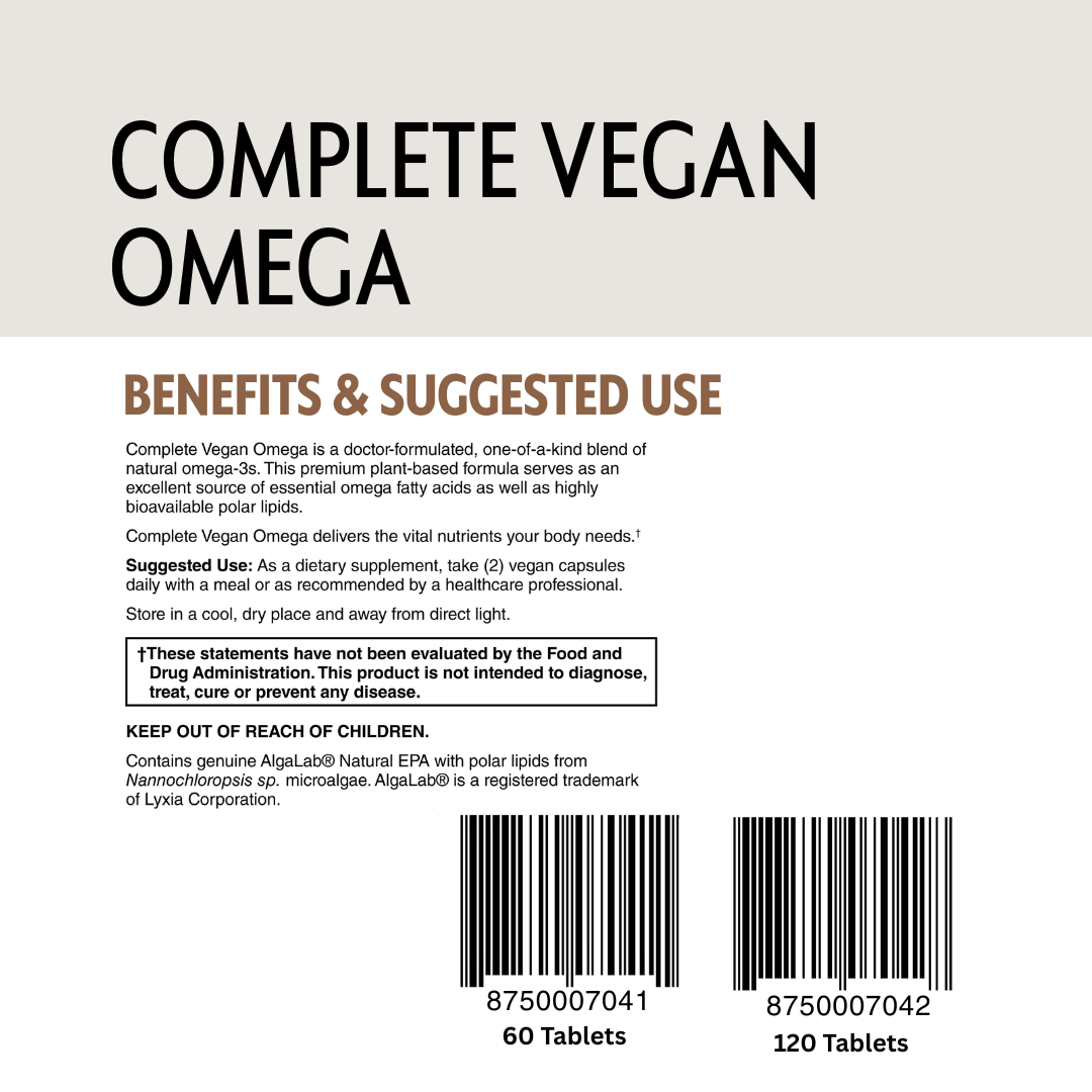 Back label of Complete Vegan Omega supplement with text and barcodes.