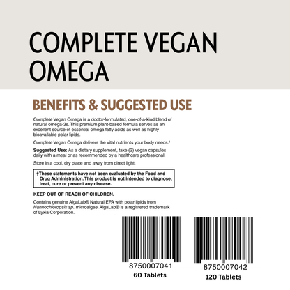 Back label of Complete Vegan Omega supplement with text and barcodes.