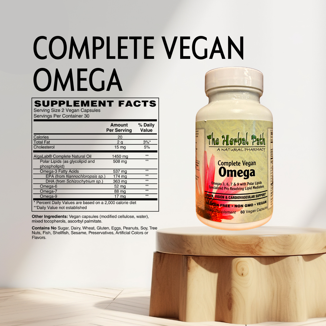 Vegan Omega supplement bottle on a wooden stand with supplement facts label.