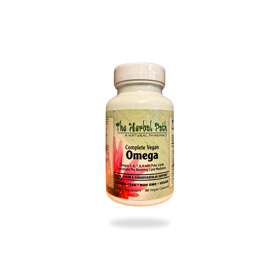 Bottle of 'Complete Vegan Omega' supplement from 'The Herbal Patch' on a white background