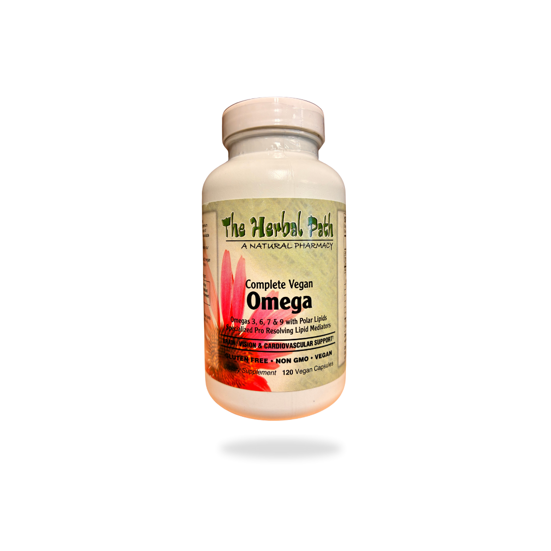 Vitamin supplement bottle labeled 'Complete Vegan Omega' by 'The Herbal Patch' on a white background