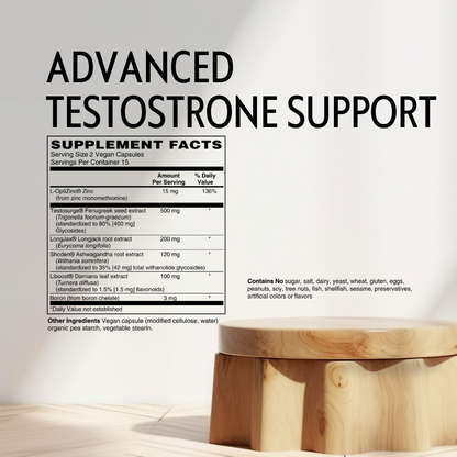 A supplement facts label for a testosterone support supplement is shown on a white background with large black text reading 'ADVANCED TESTOSTRONE SUPPORT.' Below the label, a wooden box is partially visible on a light surface, and small ingredient notes appear to the right.