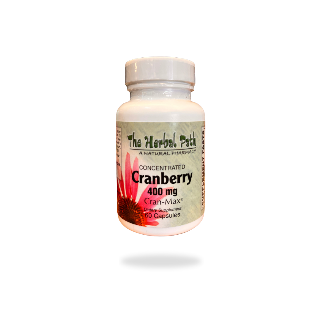 Supplement bottle labeled 'Concentrated Cranberry 400 mg' from 'The Herbal Path'