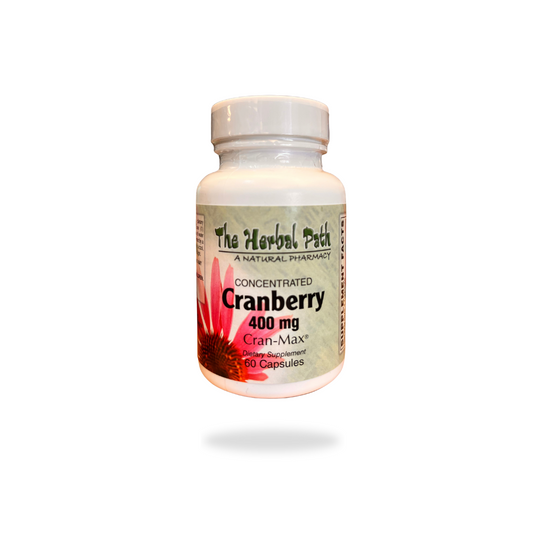Supplement bottle labeled 'Concentrated Cranberry 400 mg' from 'The Herbal Path'