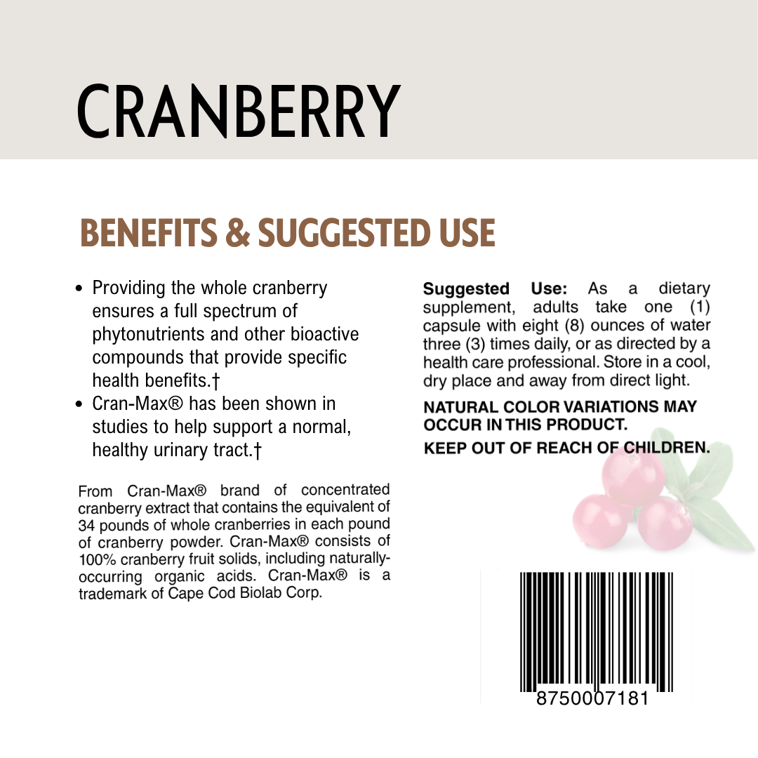 Cranberry supplement label with benefits, barcode and suggested use.