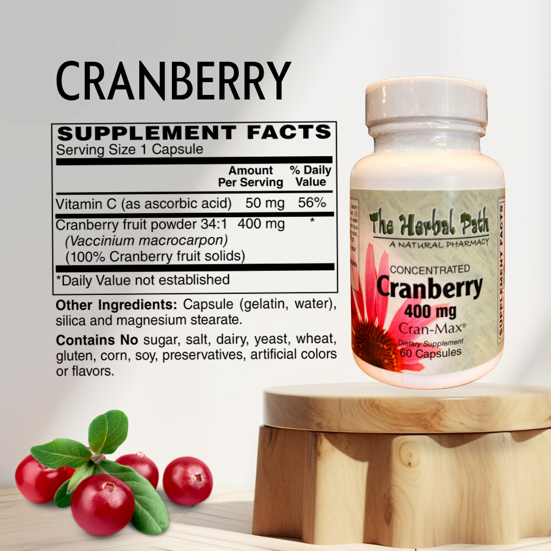 Cranberry supplement bottle with label and cranberries and supplement facts.