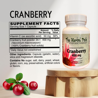 Cranberry supplement bottle with label and cranberries and supplement facts.