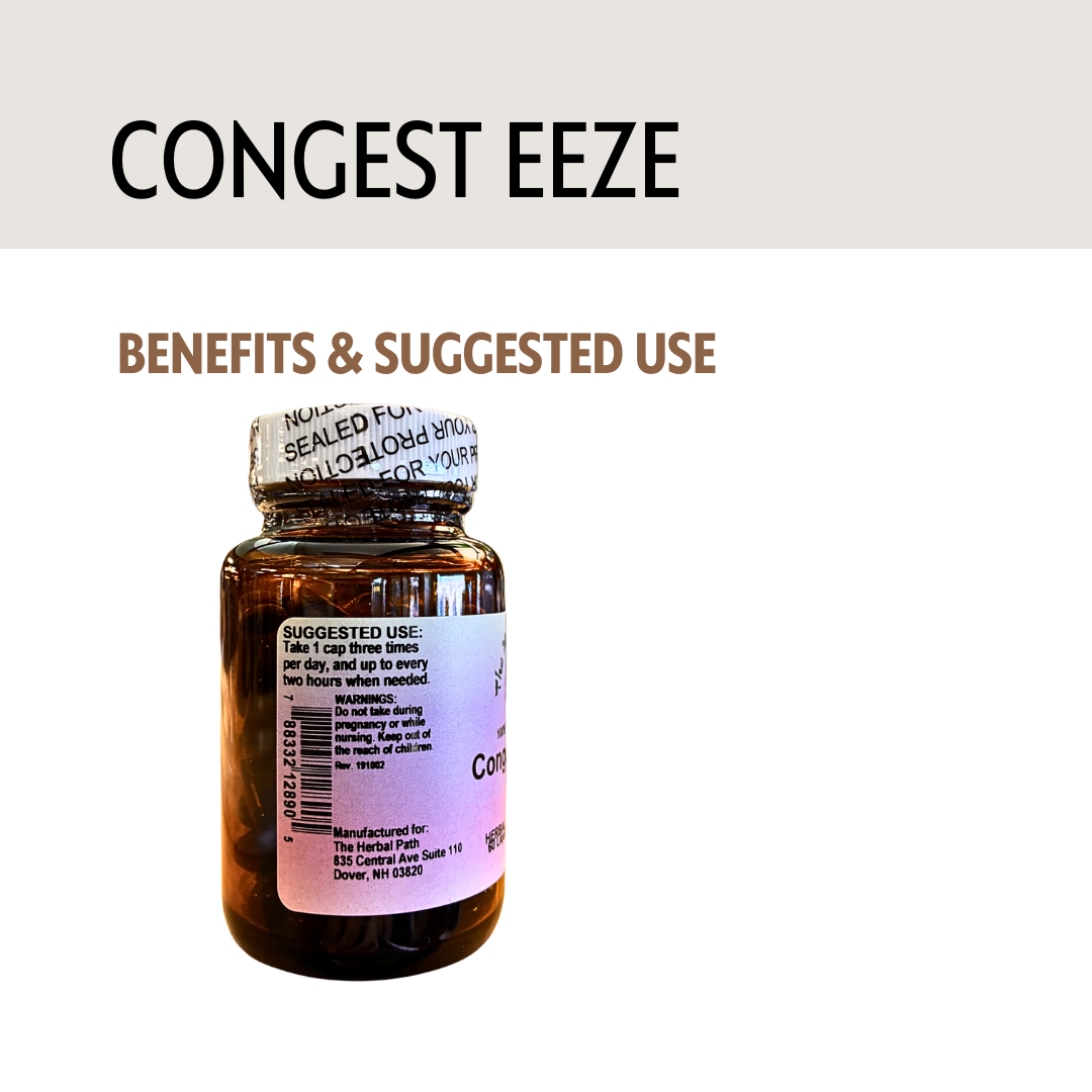 Bottle labeled 'Congest Eeze' with text about benefits and suggested use on a white background