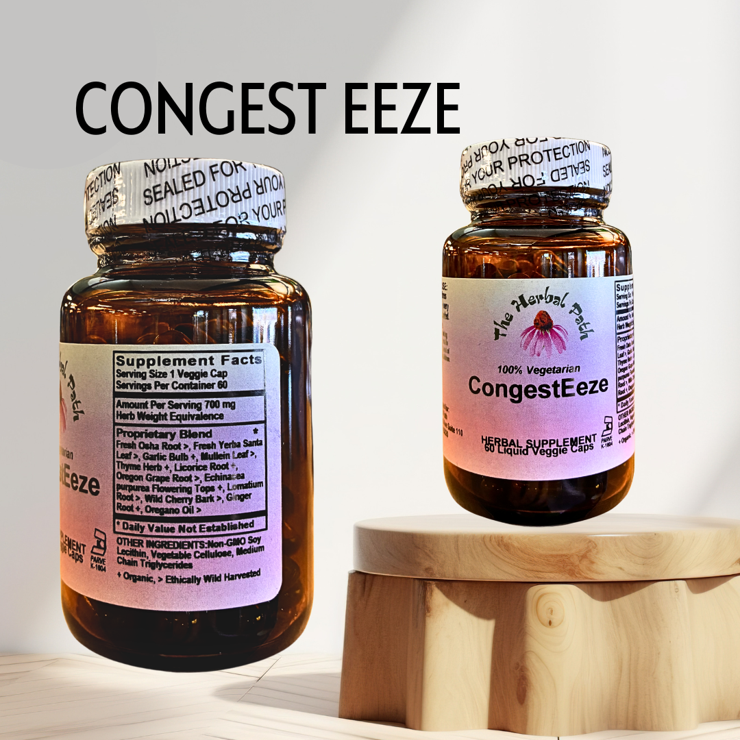 Two bottles of Congest Eeze supplement on a wooden stand with a light background
