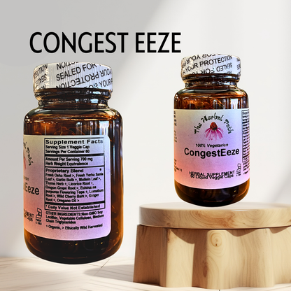 Two bottles of Congest Eeze supplement on a wooden stand with a light background