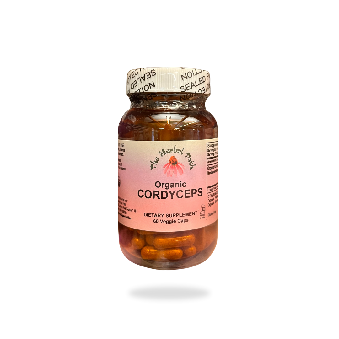 Bottle of Organic Cordyceps dietary supplement by The Herbal Path.