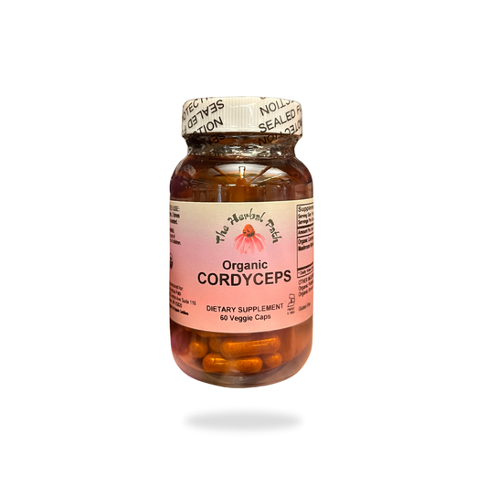 Bottle of Organic Cordyceps dietary supplement by The Herbal Path.