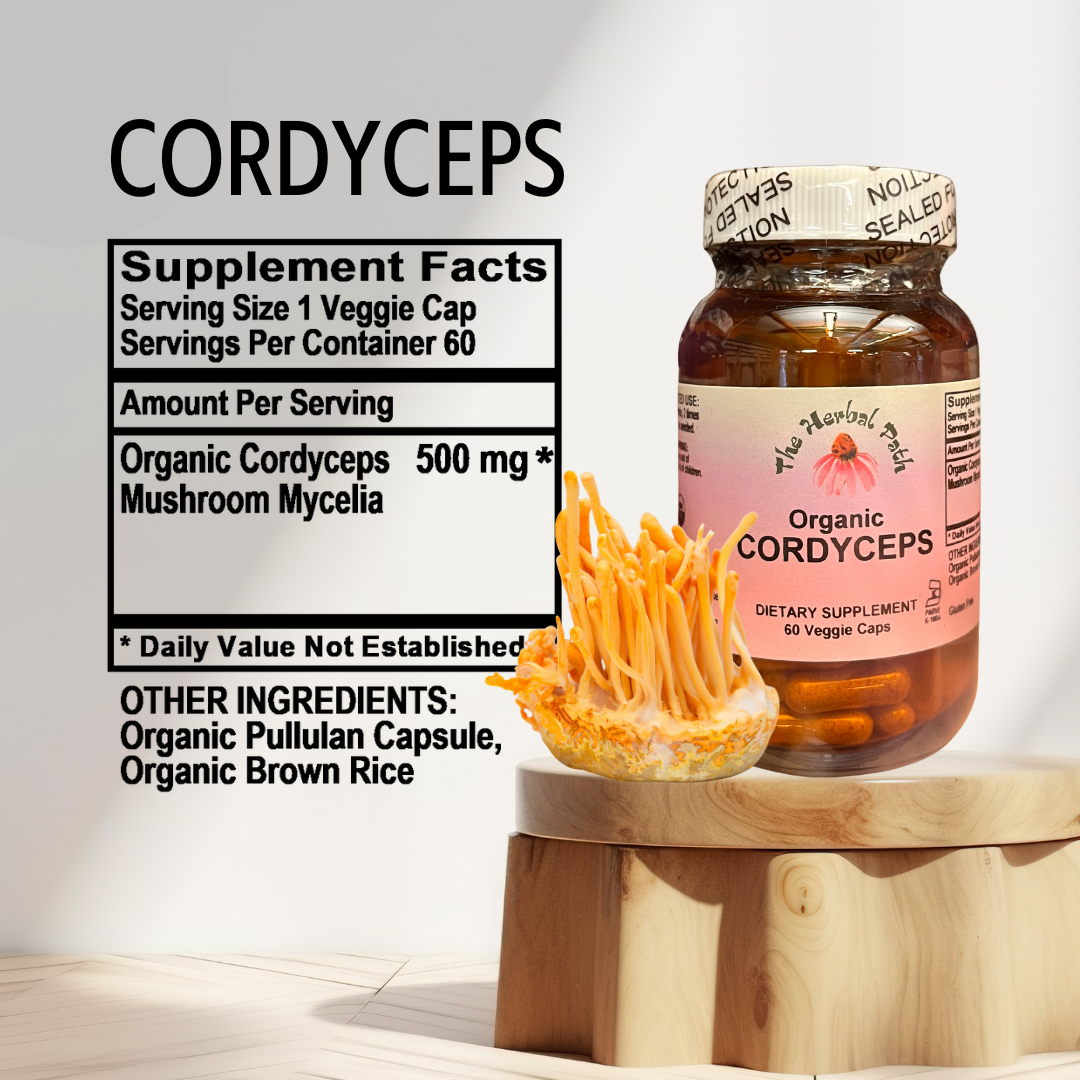 Supplement bottle labeled 'Organic Cordyceps' with a close-up of cordyceps mushrooms on a wooden stand.
