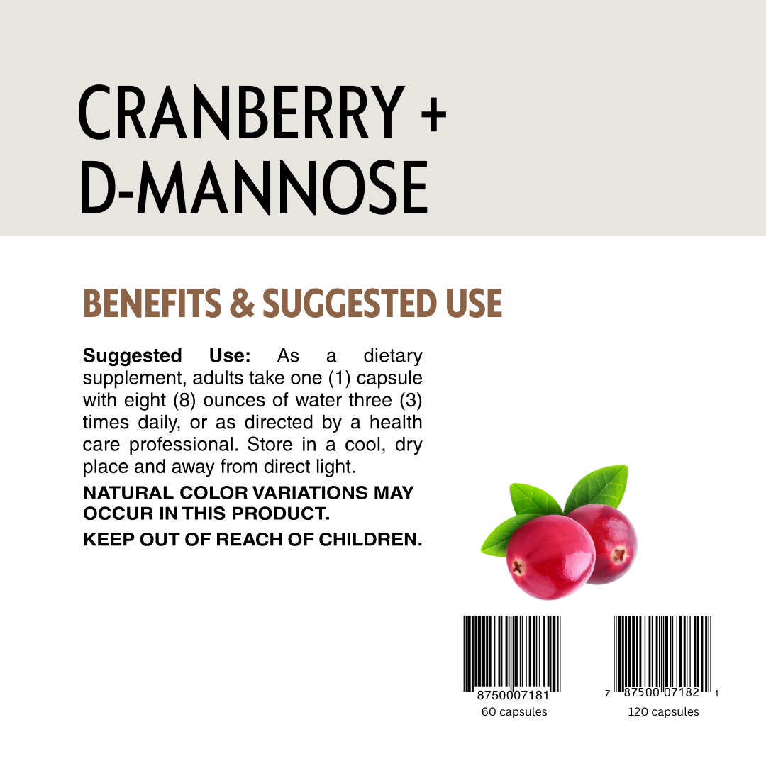 Cranberry and D-Mannose supplement label with text, barcodes and cranberry illustration.
