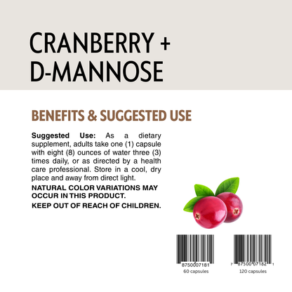 Cranberry and D-Mannose supplement label with text, barcodes and cranberry illustration.