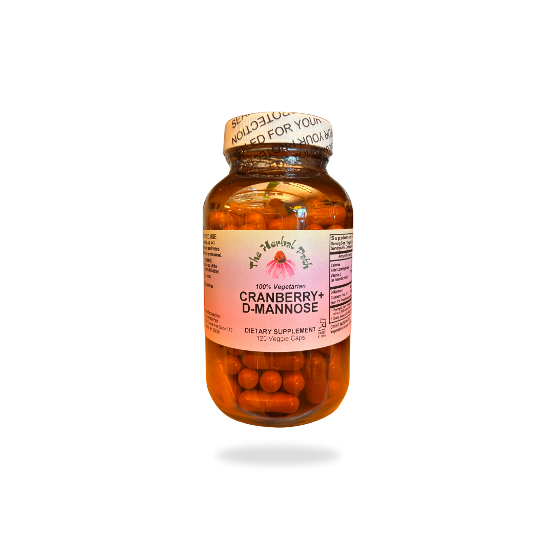 Supplement bottle labeled 'Cranberry + D-Mannose' on a white background.