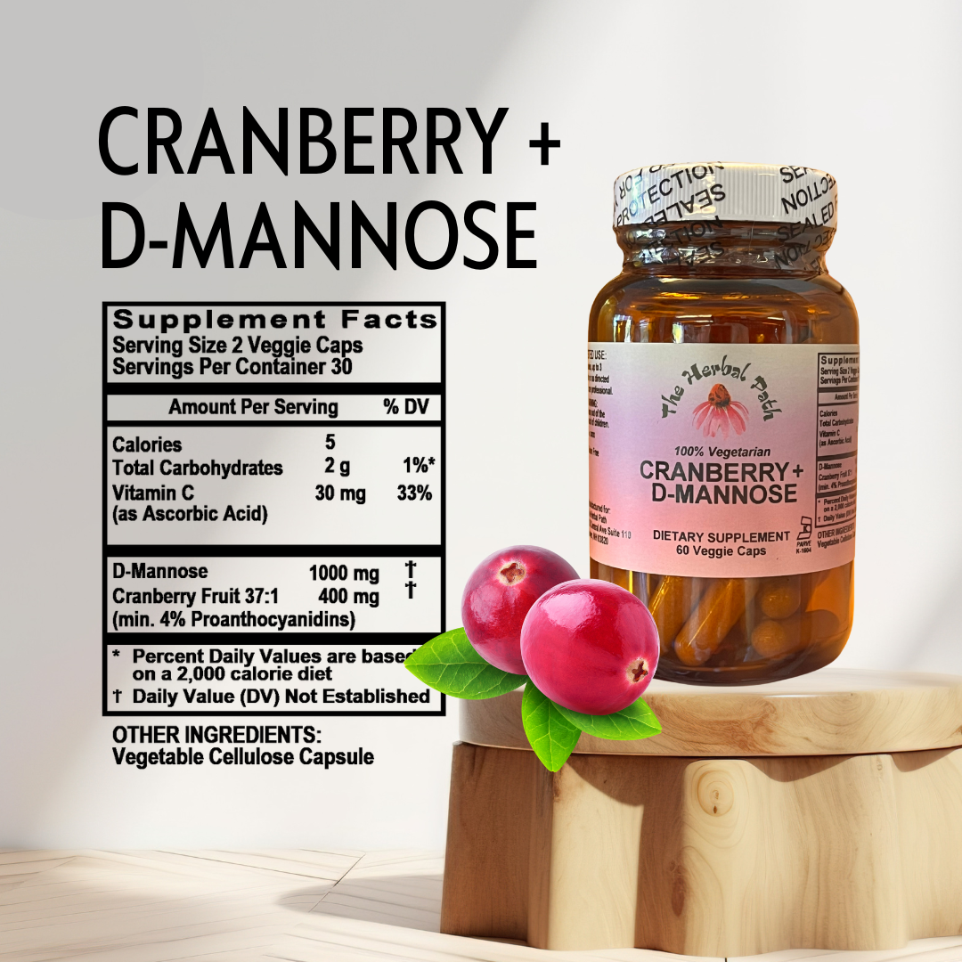 Supplement bottle labeled 'Cranberry + D-Mannose' with cranberries and a label on a light background.