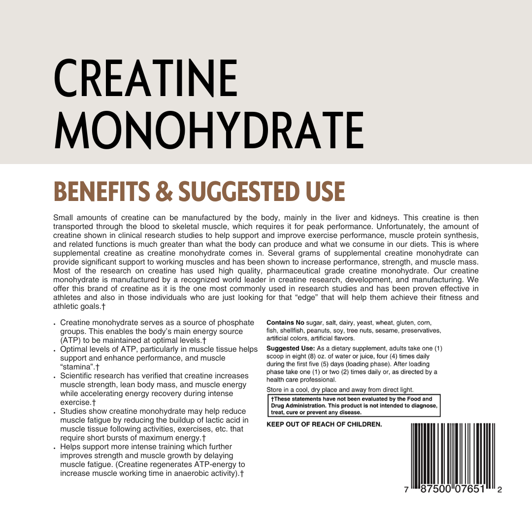 Back label of a creatine monohydrate supplement with text and a barcode.