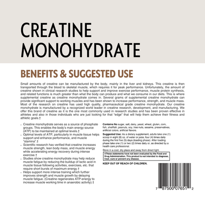 Back label of a creatine monohydrate supplement with text and a barcode.