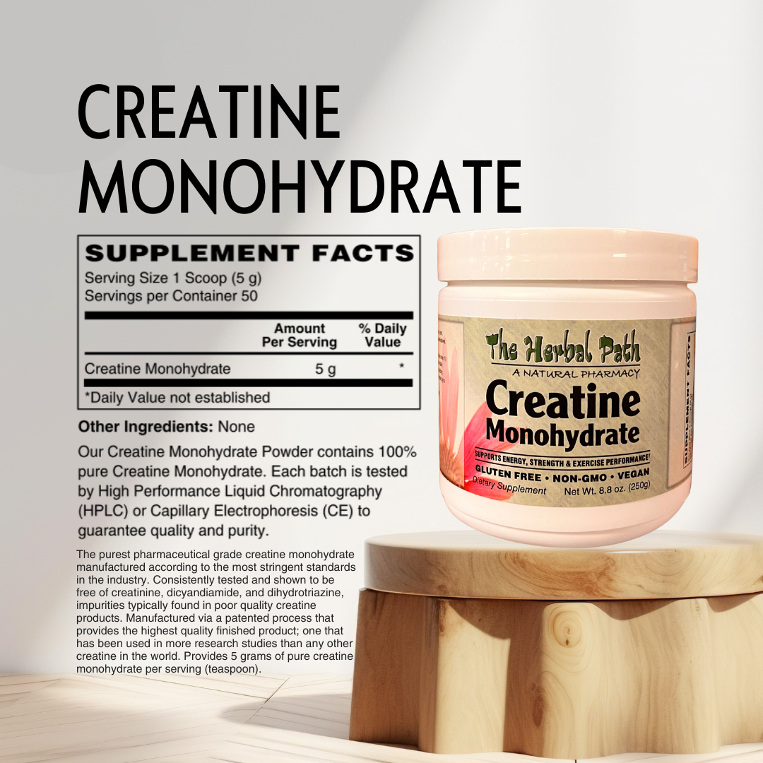 Jar of Creatine Monohydrate supplement with label and supplement facts.