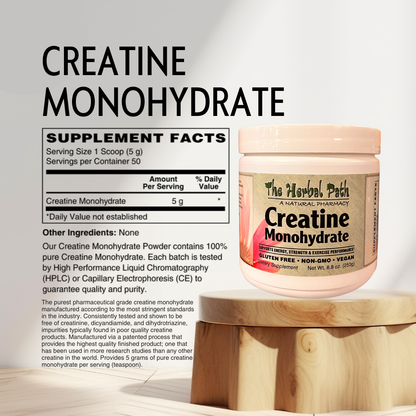 Jar of Creatine Monohydrate supplement with label and supplement facts.