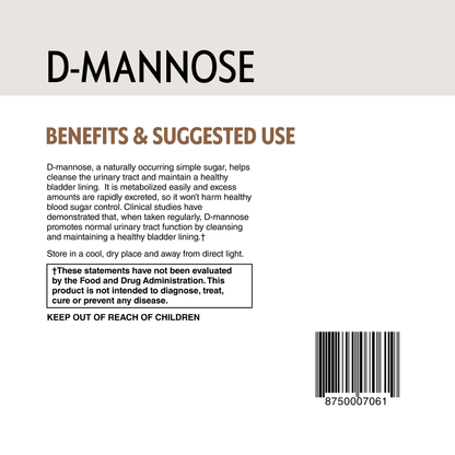 Back label of a D-Mannose product with text and a barcode on a beige background