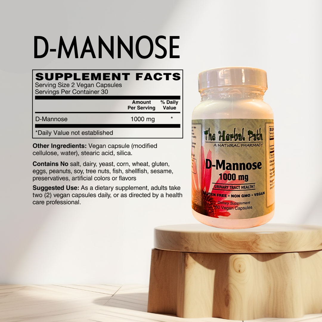 D-Mannose supplement bottle with label on a wooden stand against a light background