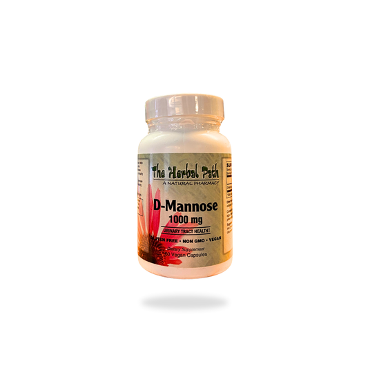 Bottle of D-Mannose 1000 mg supplement on a white background
