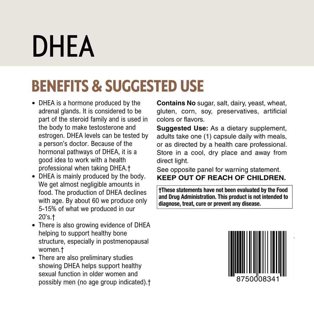 DHEA supplement label with benefits, suggested use, barcode and product details on a beige background.