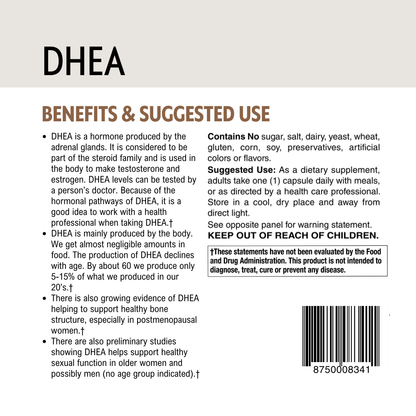 DHEA supplement label with benefits, suggested use, barcode and product details on a beige background.