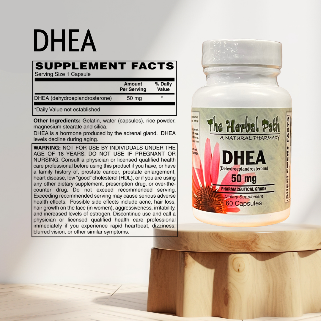 DHEA supplement bottle with label and supplement facts.
