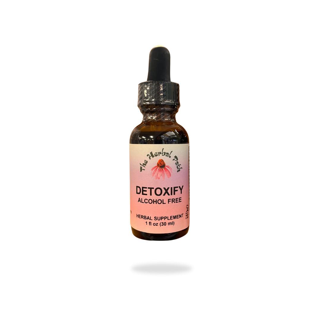 Bottle of 'Detoxify' herbal supplement by The Herbal Path with a dropper on a white background.