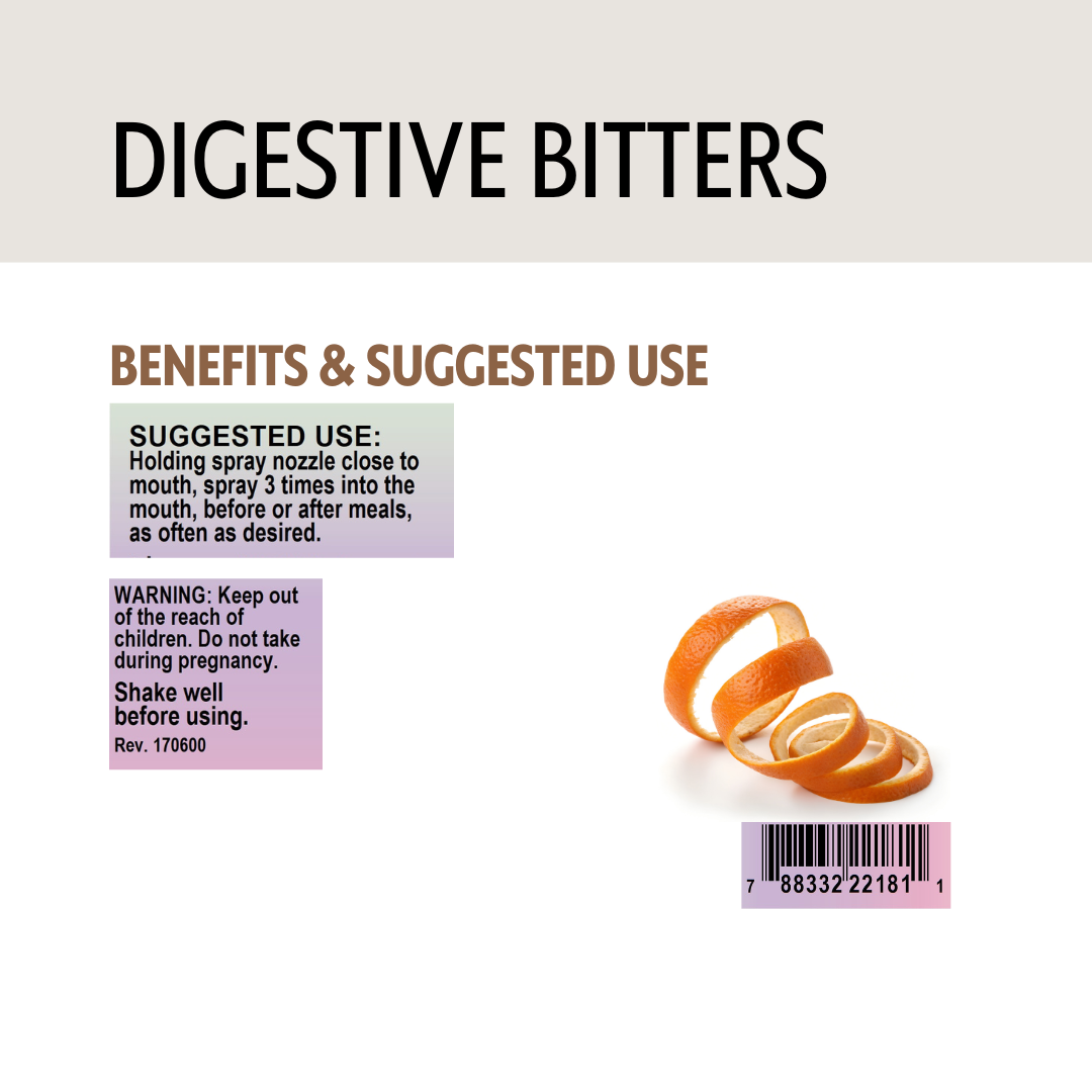 Label for digestive bitters with orange peel illustration and text on a white background.