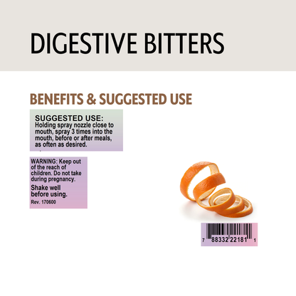 Label for digestive bitters with orange peel illustration and text on a white background.