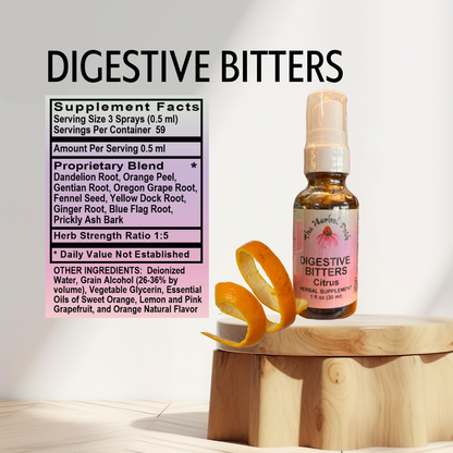 Bottle of digestive bitters with supplement facts label on a wooden block.