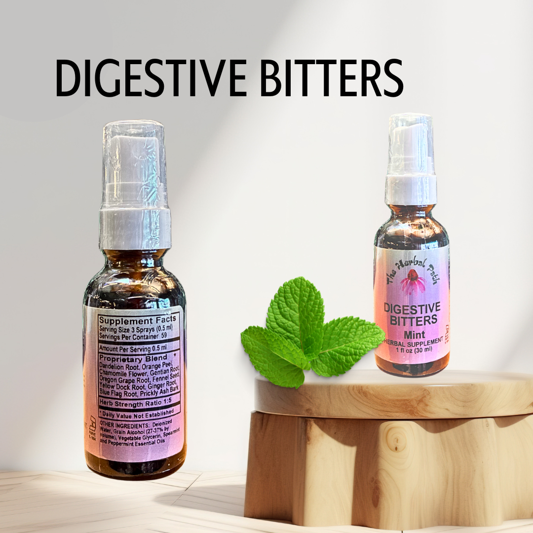Two bottles of digestive bitters with a sprig of mint on a wooden stand against a light background.