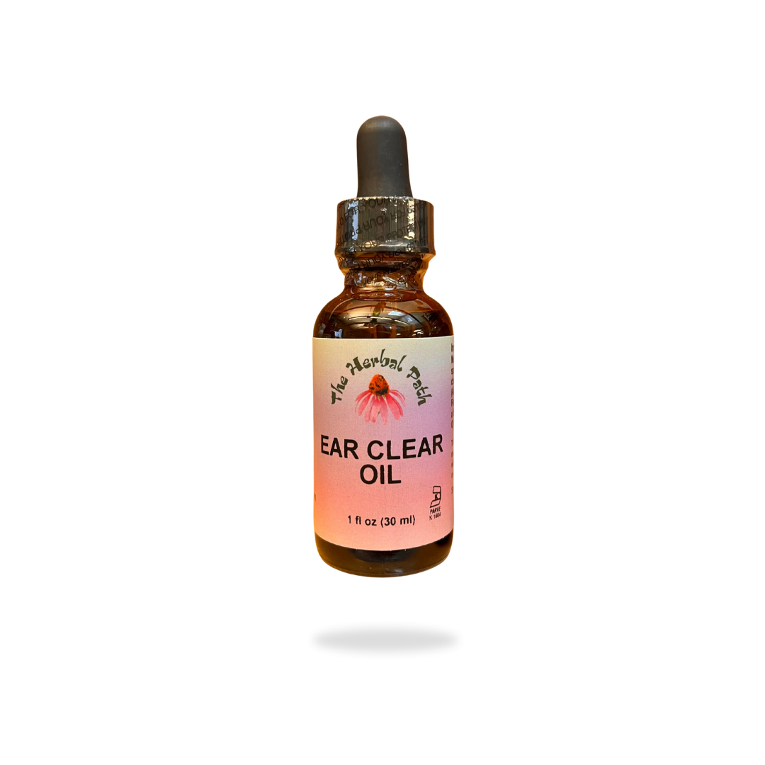 Bottle of 'Ear Clear Oil' with a dropper on a white background with a pink The Herbal Path label.