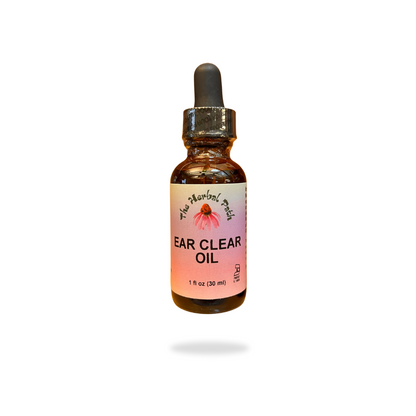 Bottle of 'Ear Clear Oil' with a dropper on a white background with a pink The Herbal Path label.