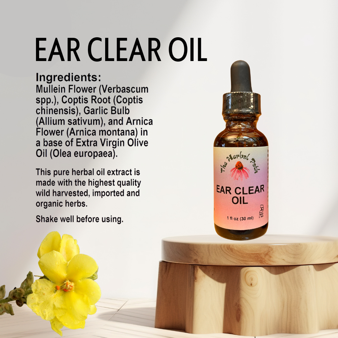 Bottle of Ear Clear Oil with ingredients listed on a light background.