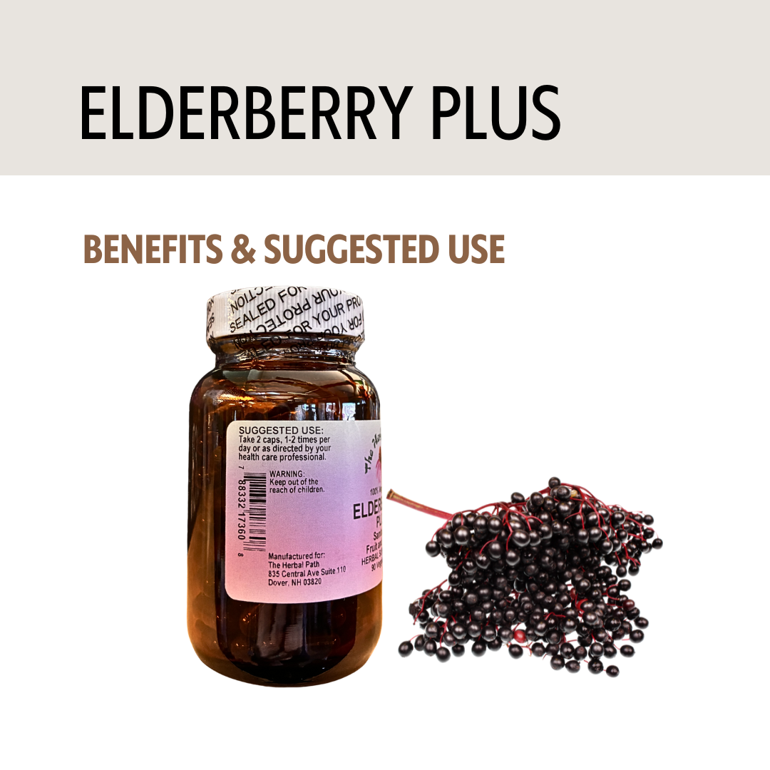 Bottle of Elderberry Plus supplement with elderberries on a light gray background