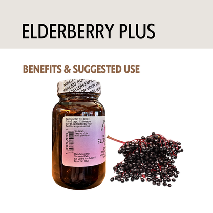 Bottle of Elderberry Plus supplement with elderberries on a light gray background