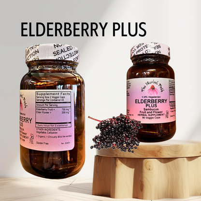 Two bottles of Elderberry Plus supplement with elderberries on a wooden block against a light background.