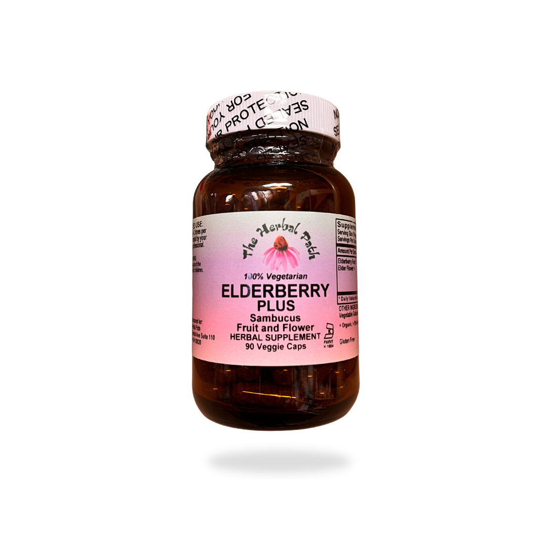 Bottle of Elderberry Plus supplement on a white background