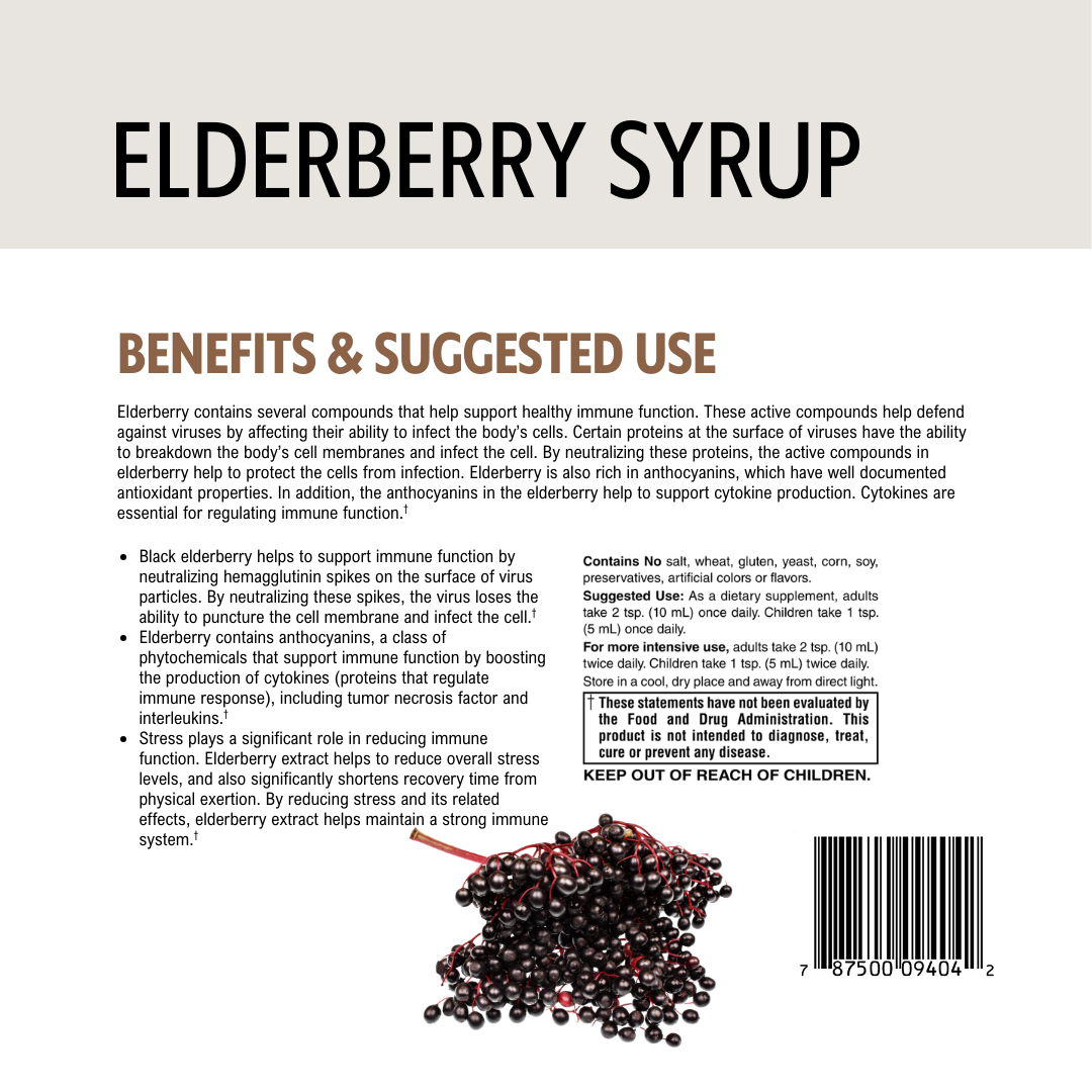 Elderberry syrup label with benefits and suggested use on a light gray background