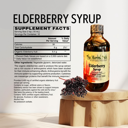 Elderberry syrup bottle with supplement facts label on a light background