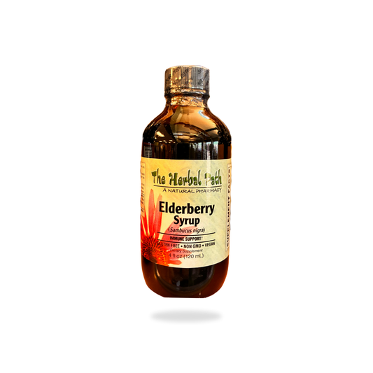 Bottle of Elderberry Syrup with a label on a white background