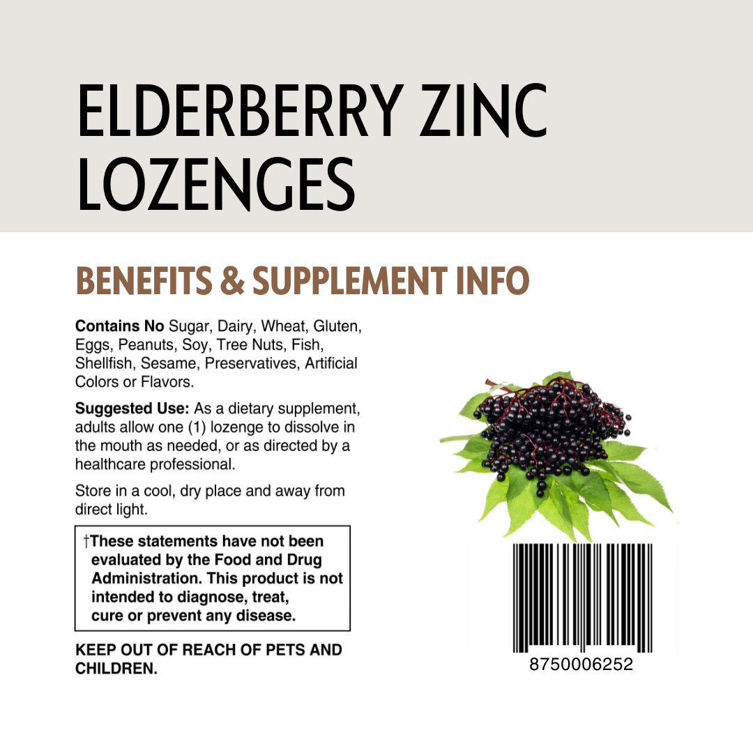 Elderberry zinc lozenges packaging with benefits and supplement information.