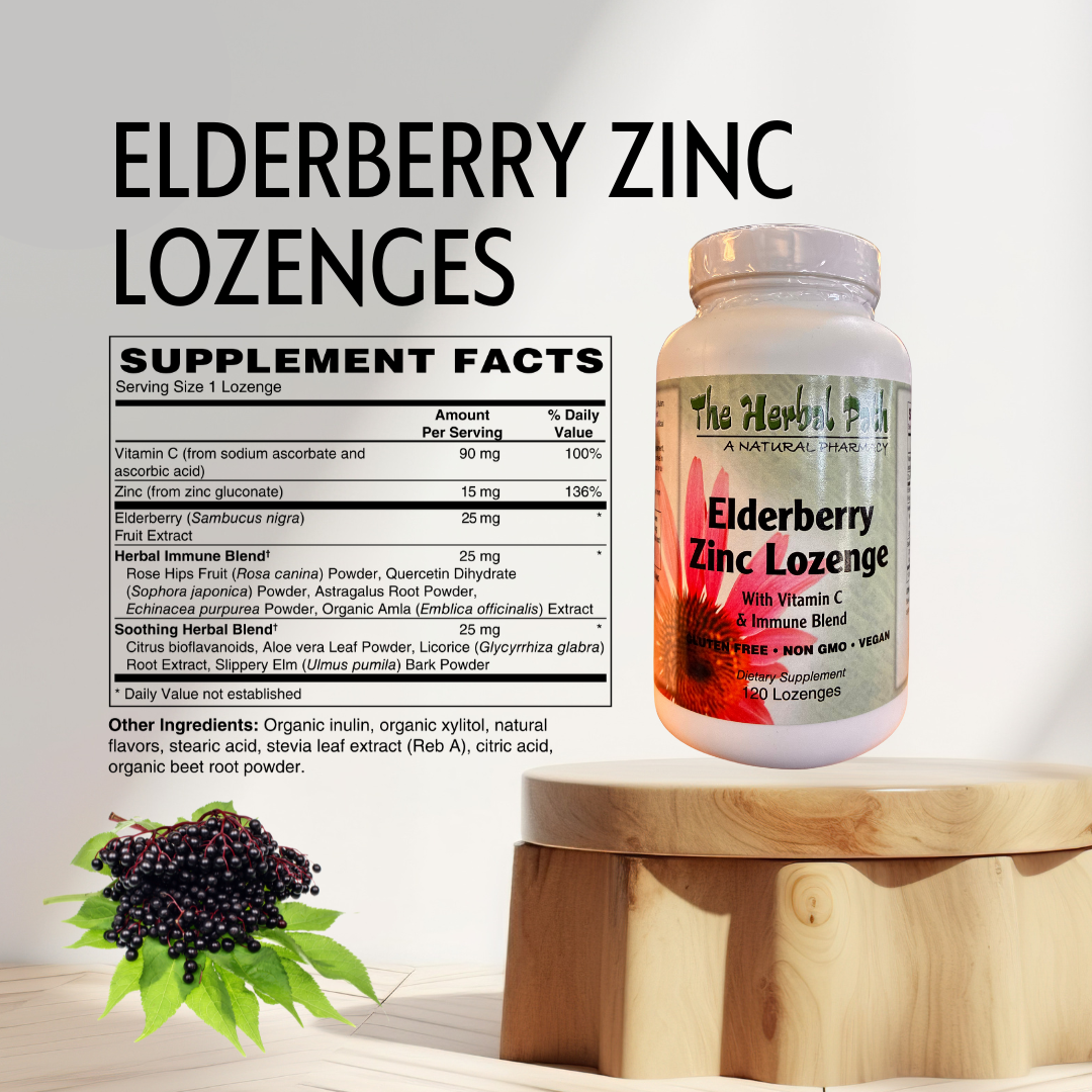 Elderberry Zinc Lozenge supplement with label and ingredients list on a white background