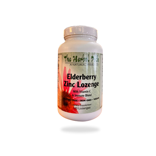 Bottle of Elderberry Zinc Lozenge with Vitamin C from The Herbal Path on a white background