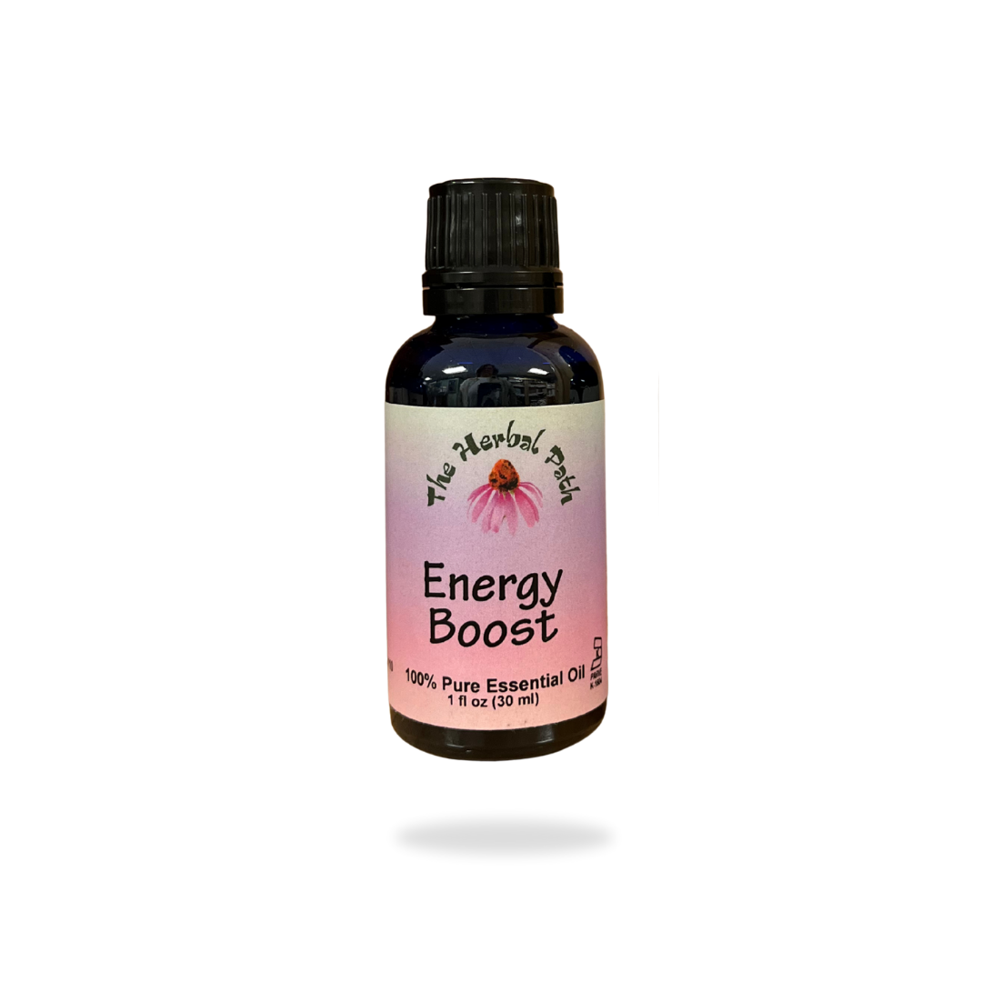 Bottle of 'Energy Boost' essential oil with a pink label on a white background.
